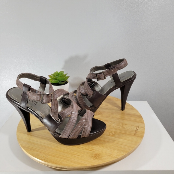 Kenneth Cole Reaction Shoes | Kenneth Cole Reaction Peep Train Brown Strappy Open Toe Cone Heel Sandals | Color: Brown/Gray | Size: 6 | Posh_Beauty322